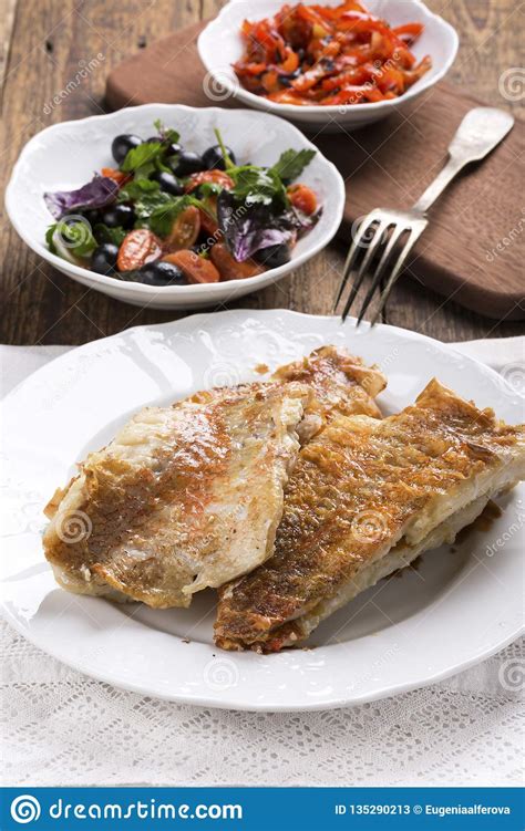 Fried Rose Fish Fillet on a White Plate Stock Image - Image of perch ...