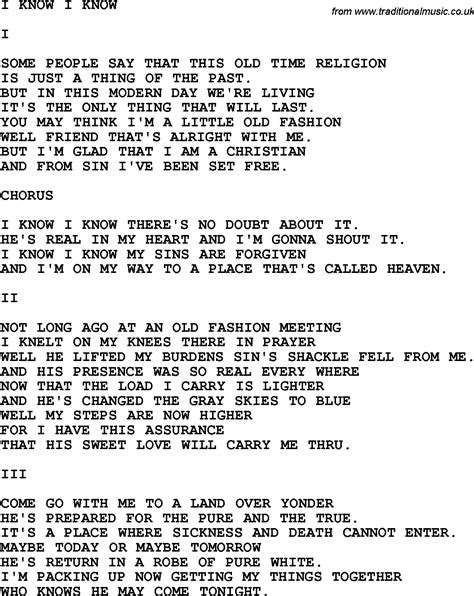 Country, Southern and Bluegrass Gospel Song I Know I Know lyrics