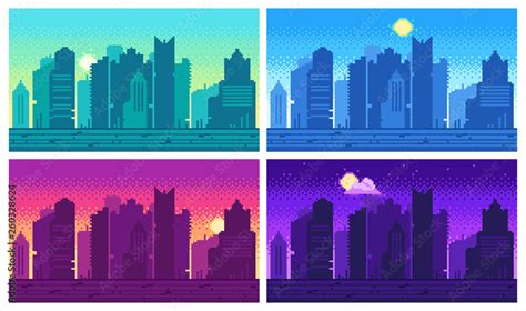 Pixel art cityscape. Town street 8 bit city landscape, night and ...