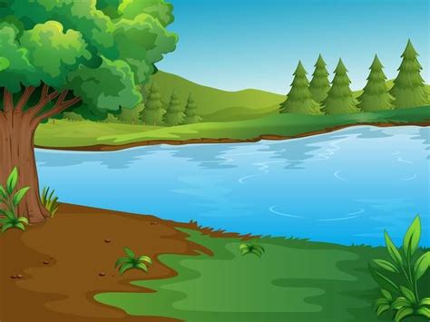 River scene with trees and hills | Cartoon trees, Cartoon background ...