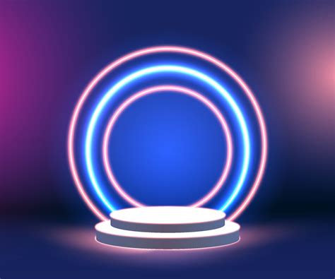 Futuristic empty round pedestal or podium with neon light. Colorful ...