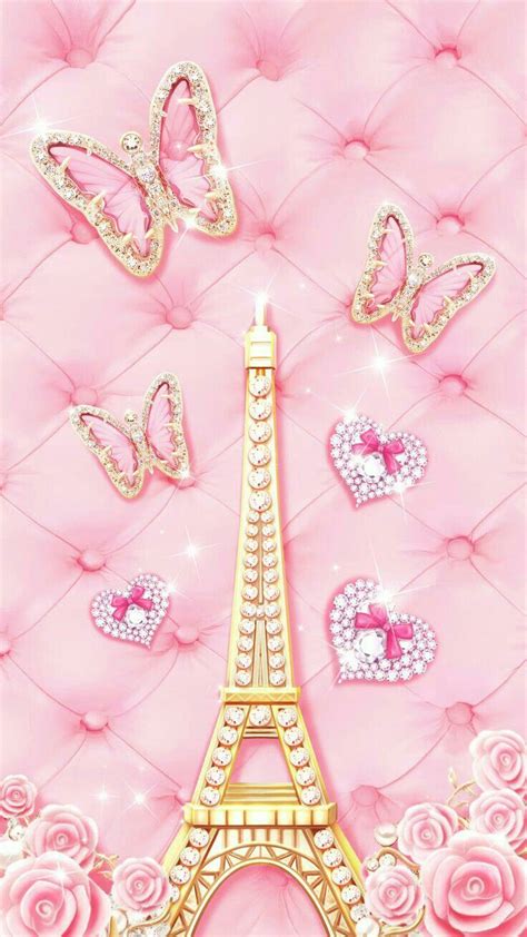 the eiffel tower is surrounded by pink roses and butterfly decorations ...