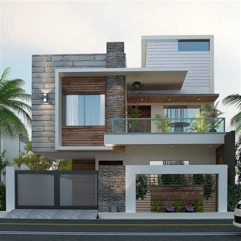 a car parked in front of a two story house with balconies on the second ...