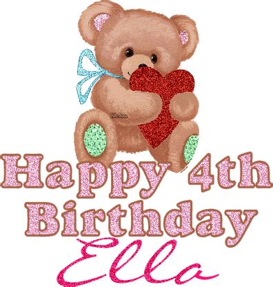 a teddy bear holding a heart with the words happy 44th birthday ella