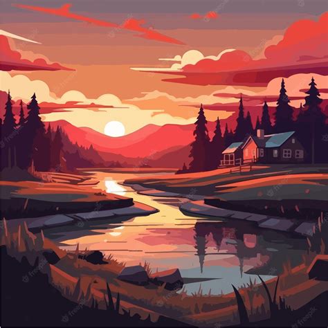 Premium Vector | A painting of a river with a sunset in the background.