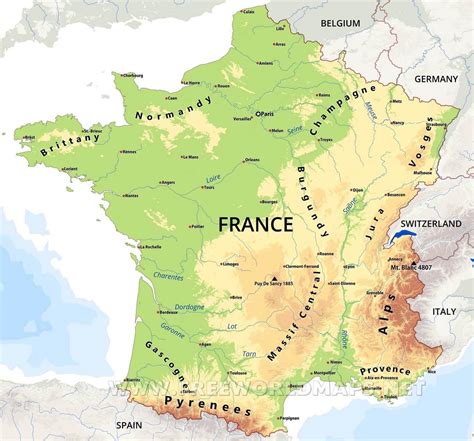 Physical map of France - France physical features map (Western Europe ...