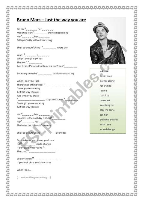 Bruno Mars - Just The Way You Are - ESL worksheet by hefnerka