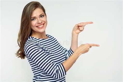 Smiling Woman Pointing Finger Side. Stock Image - Image of lady, posing ...