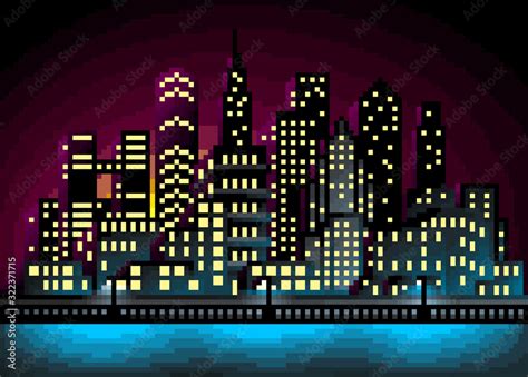 Pixel art city landscape vector illustration. Cityscape at night ...