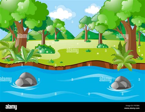 Nature scene with river and field illustration Stock Vector Image & Art ...