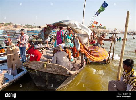 At the confluence of sacred rivers Ganga and Yamuna at Allahabad, Uttar ...