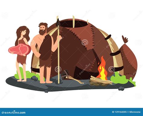 Stone Age Family Making Fire Cartoon Vector | CartoonDealer.com #52469987