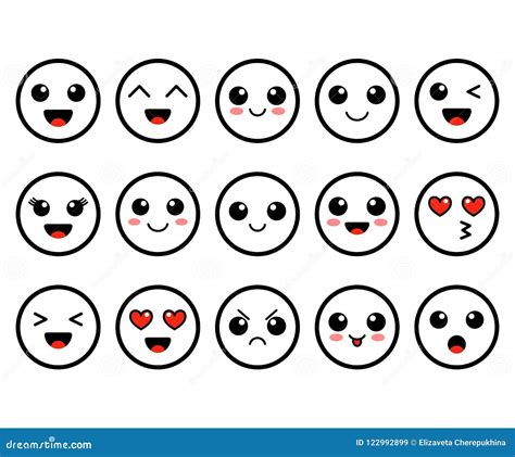 Set Of Emoji. Kawai Outline Faces. Cute Moticons. Flat Smileys. Vector ...