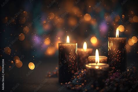 Advent candles and christmas decorations, cozy lights. Bokeh background ...