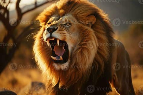 Majestic male lion with open mouth, a fierce, roaring jungle king AI ...