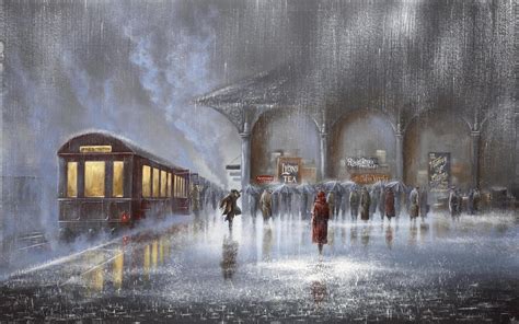 Rainy day - beautiful painting people in the rain station