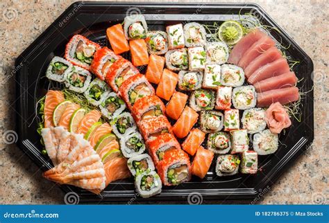 Sushi Maki Roll Set with Many Roll Types on Plate Stock Image - Image ...