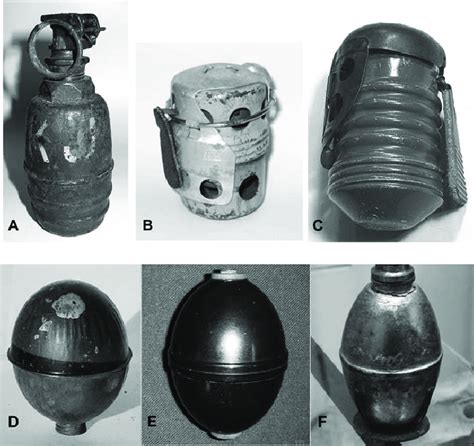 Five grenades and a lamp suspension egg. (A) A World War I American Mk ...