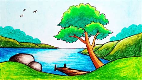 How to Draw Easy and Beautiful Lake Scenery Drawing for Beginners - YouTube