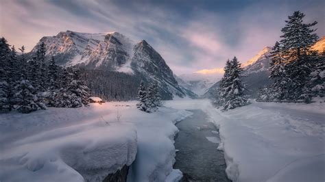 National Park Cabin Canada Alberta Banff River With Snow During Winter ...