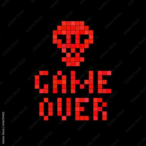 Game over. Red pixel skull on black screen. Pixel art background. Retro ...