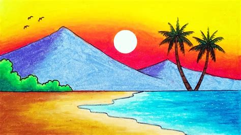 How to Draw Beautiful Sunset in the Beach | Easy Sunset Scenery Drawing