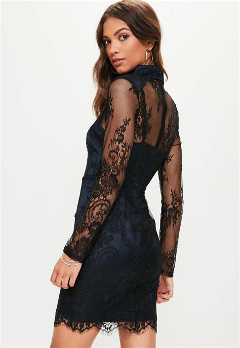 Lyst - Missguided Black Lace High Neck Padded Bodycon Dress in Black