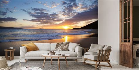 Big Beach Sunset Over Ocean Wall Mural | Wallsauce US