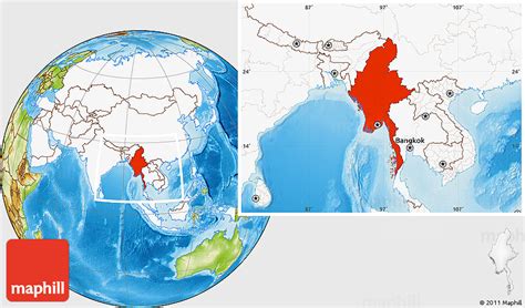 Physical Location Map of Burma, highlighted continent