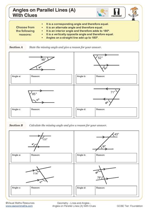 Angles on Parallel Lines (A) (With Clues) Worksheet | Cazoom Maths ...