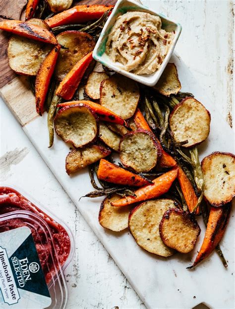 Umeboshi Roasted Vegetables with Creamy Tahini Ginger Dip - Jamie Geller