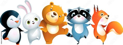 Baby bear bunny penguin raccoon and squirrel jumping or dancing, funny ...