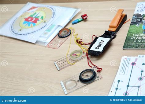 A Map On A Table. Opisometer, A Curvimeter, A Map Measurer. Baseplate ...