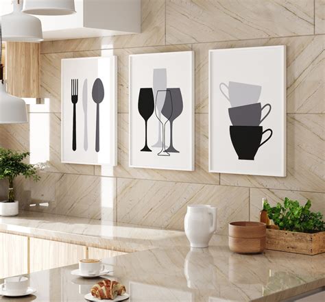 Modern Kitchen Wall Art Prints, Set of 3 Posters, Black & Grey Kitchen ...