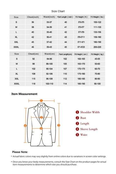 Size Chart For Men's Suits