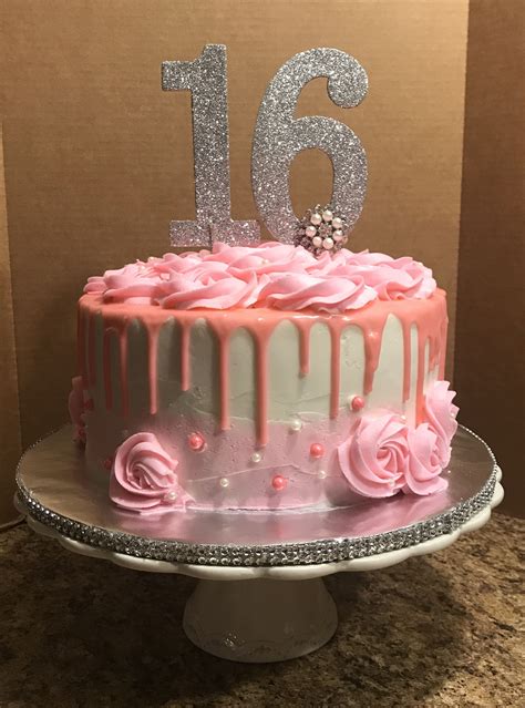 Sweet Sixteen Birthday Cake with Pink Frosting and Roses