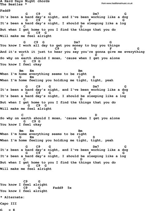 Song Lyrics with guitar chords for A Hard Days Night | Guitar tabs ...