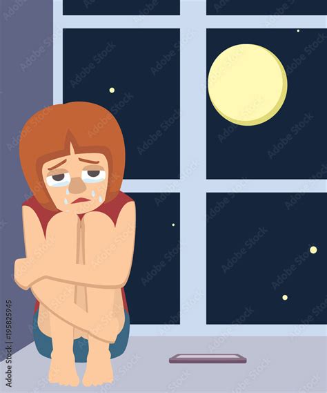 lonely girl sits crying at night vector cartoon Stock Vector | Adobe Stock