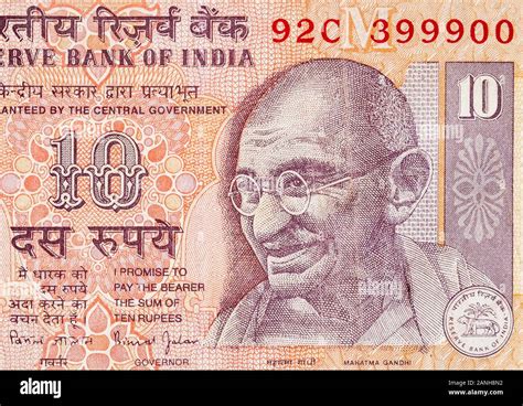 Mahatma Gandhi face on Indian bank note ten rupees. 10 Rupee National ...