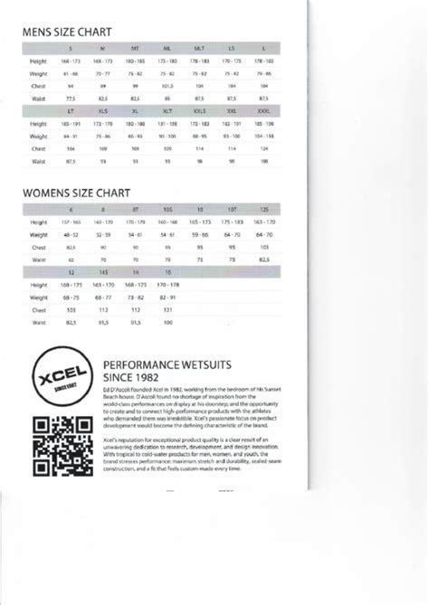 Xcel Wetsuit Size Chart printable pdf download