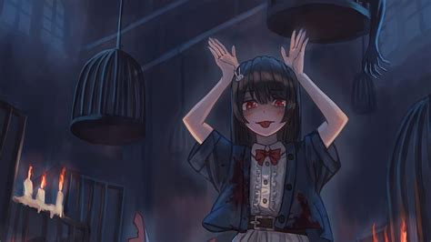 Anime girl, creepy, red eyes, bird cage, ribbon, tongue, Anime, HD ...