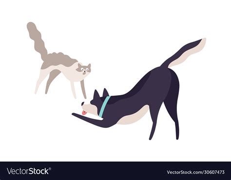 Cartoon scared cat and excited dog fighting Vector Image