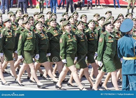 Russian Military Women are Marching at the Parade on Annual Victory Day ...