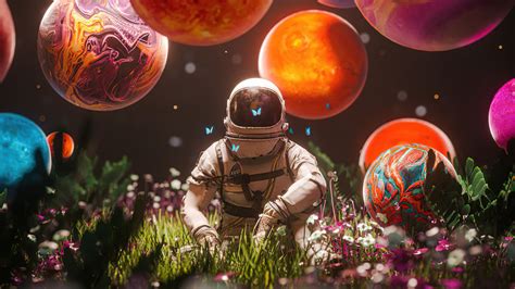 Astronaut with planets and flowers Wallpaper 4k HD ID:10667