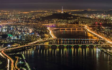 Download wallpapers Seoul, city lights, night, South Korea, bridge for ...