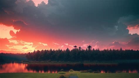 Premium AI Image | A sunset over a lake with a lake and trees in the ...