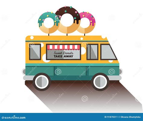 Flat Van and Donut. Truck with Dessert Stock Vector - Illustration of ...