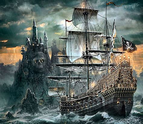 The Pirate Ship, art, ocean, bonito, waves, illustration, sailing ship ...