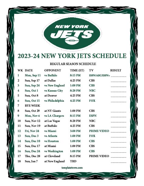 Printable 2023-2024 New York Jets Schedule