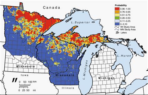 3 Map of northern Great Lakes states wolf habitat classes from ...